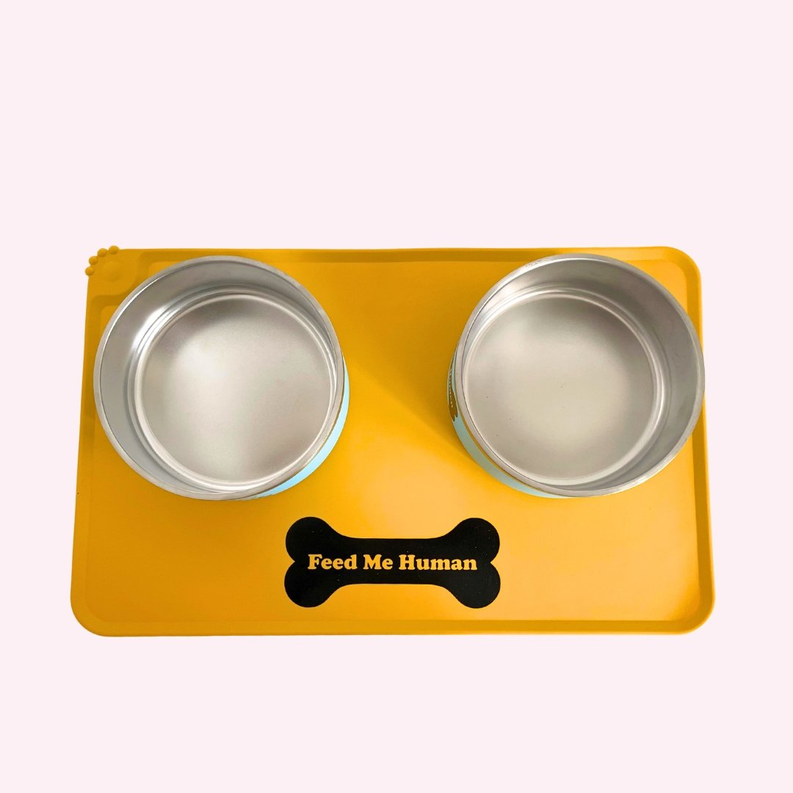 "Feed Me Human" Yellow Dog Food Mat