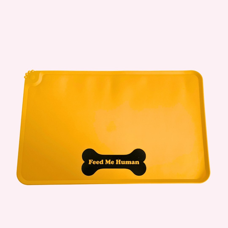 "Feed Me Human" Yellow Dog Food Mat