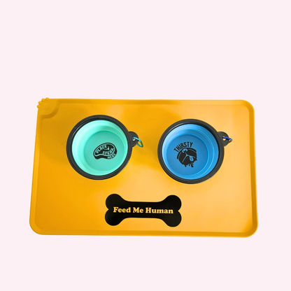 "Feed Me Human" Yellow Dog Food Mat