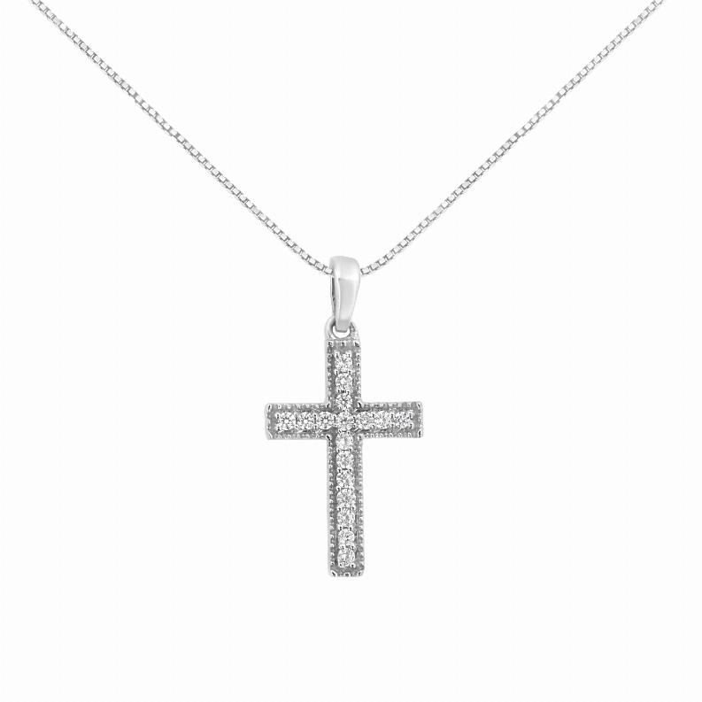 .925 Sterling Silver 1/7 Carat Total Weight Diamond Cross 18" Pendant Necklace