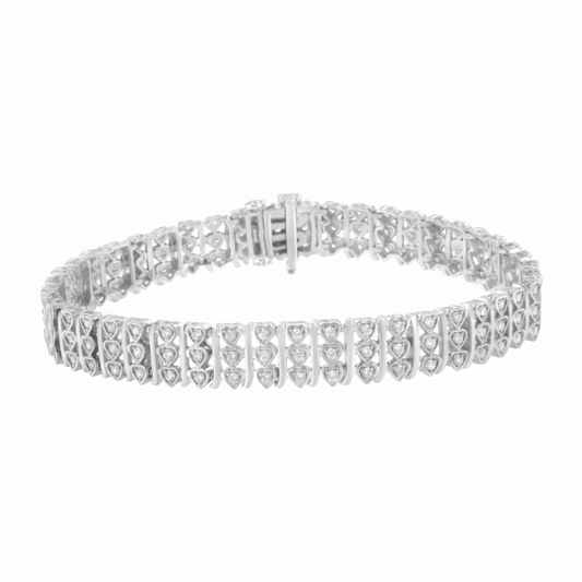 .925 Sterling Silver 1 1/2 Carat Total Weight Round Diamond 3 Row Heart Link Bracelet  - 7.25 "