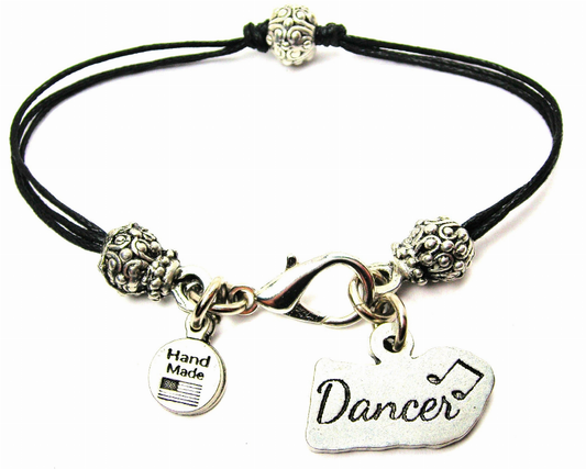 Dancer With Music Note Pewter Beaded Black Cord Bracelet