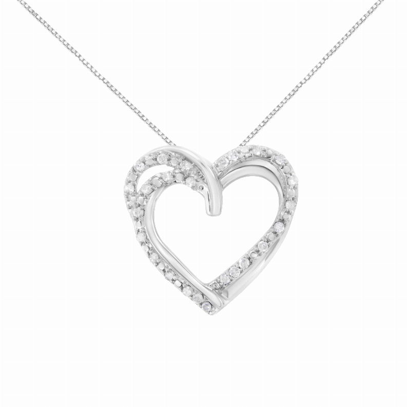 .925 Sterling Silver 1/4 Carat Total Weight Prong Set Round-Cut Diamond Woven Double Heart 18" Pendant Necklace