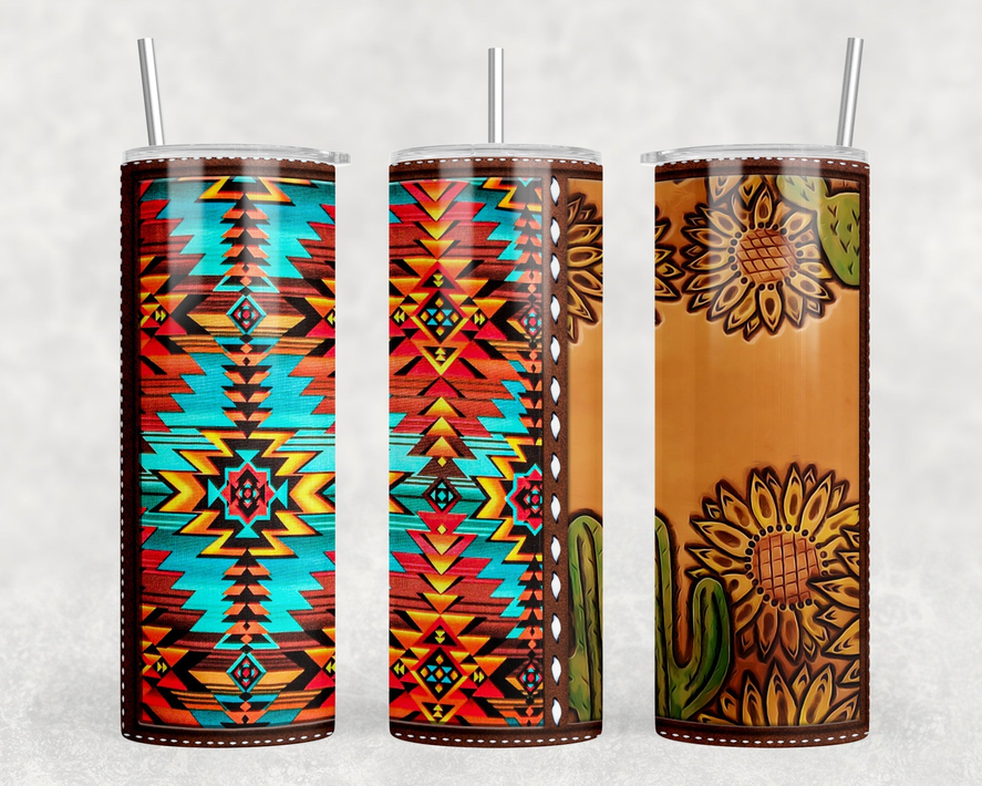 Sunflower Cactus faux leather Aztec|Skinny Tumbler|Optional Bluetooth Speaker| Speaker Color Varies