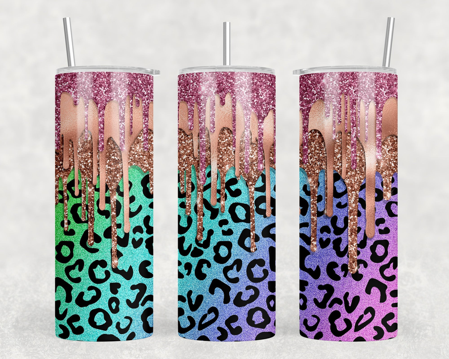 Rainbow Leopard faux glitter Drip|Skinny Tumbler|Optional Bluetooth Speaker| Speaker Color Varies