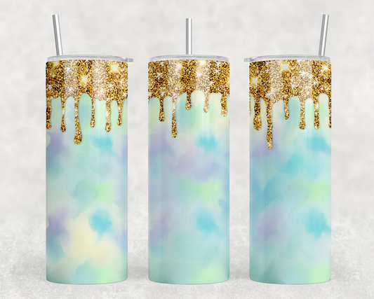 Pastel faux glitter Drip|Skinny Tumbler|Optional Bluetooth Speaker| Speaker Color Varies