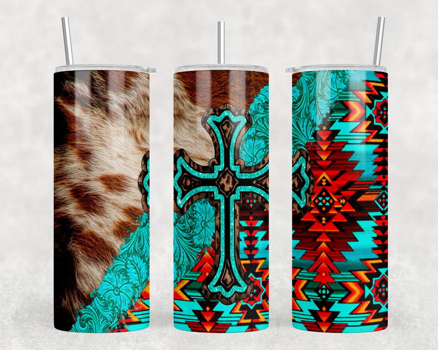 Cowprint Aztec Leopard Cross|Skinny Tumbler|Optional Bluetooth Speaker| Speaker Color Varies