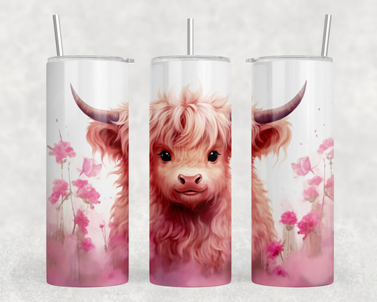 Cute Pink Highland Cow|Skinny Tumbler|Optional Bluetooth Speaker| Speaker Color Varies