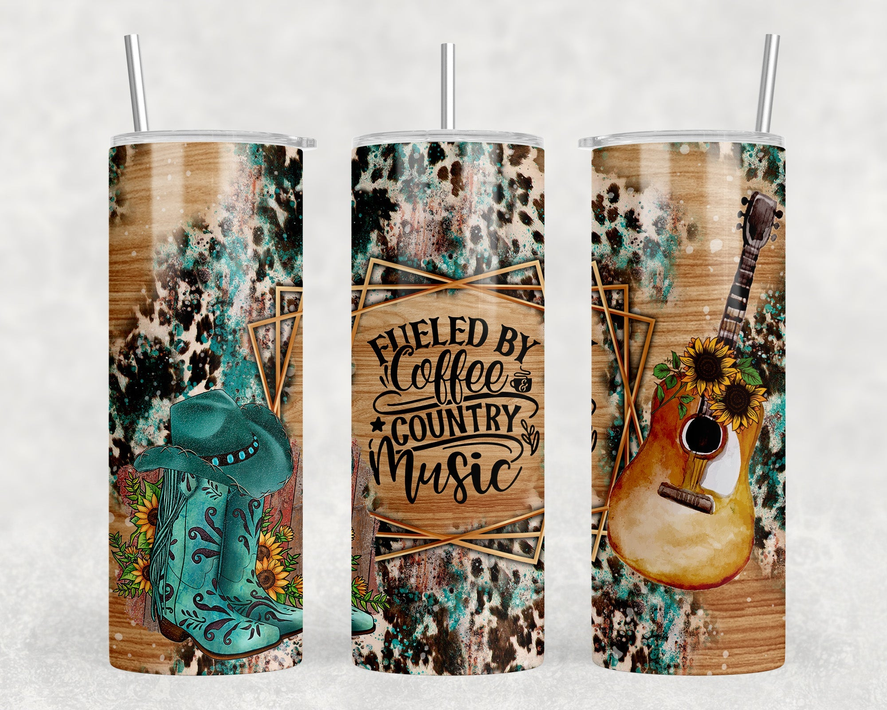 Fueled By Coffee and Country Music|Skinny Tumbler|Optional Bluetooth Speaker| Speaker Color Varies