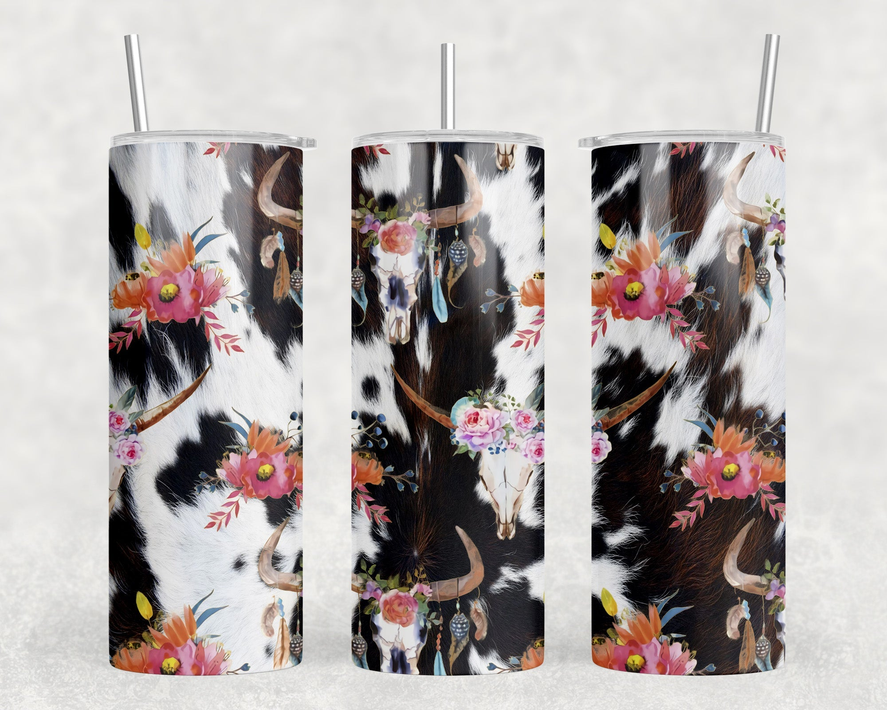 faux cowhide Bull Skulls|Skinny Tumbler|Optional Bluetooth Speaker| Speaker Color Varies