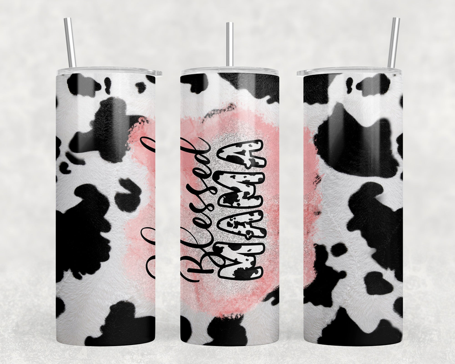 faux cowhide Blessed mama|Skinny Tumbler|Optional Bluetooth Speaker| Speaker Color Varies