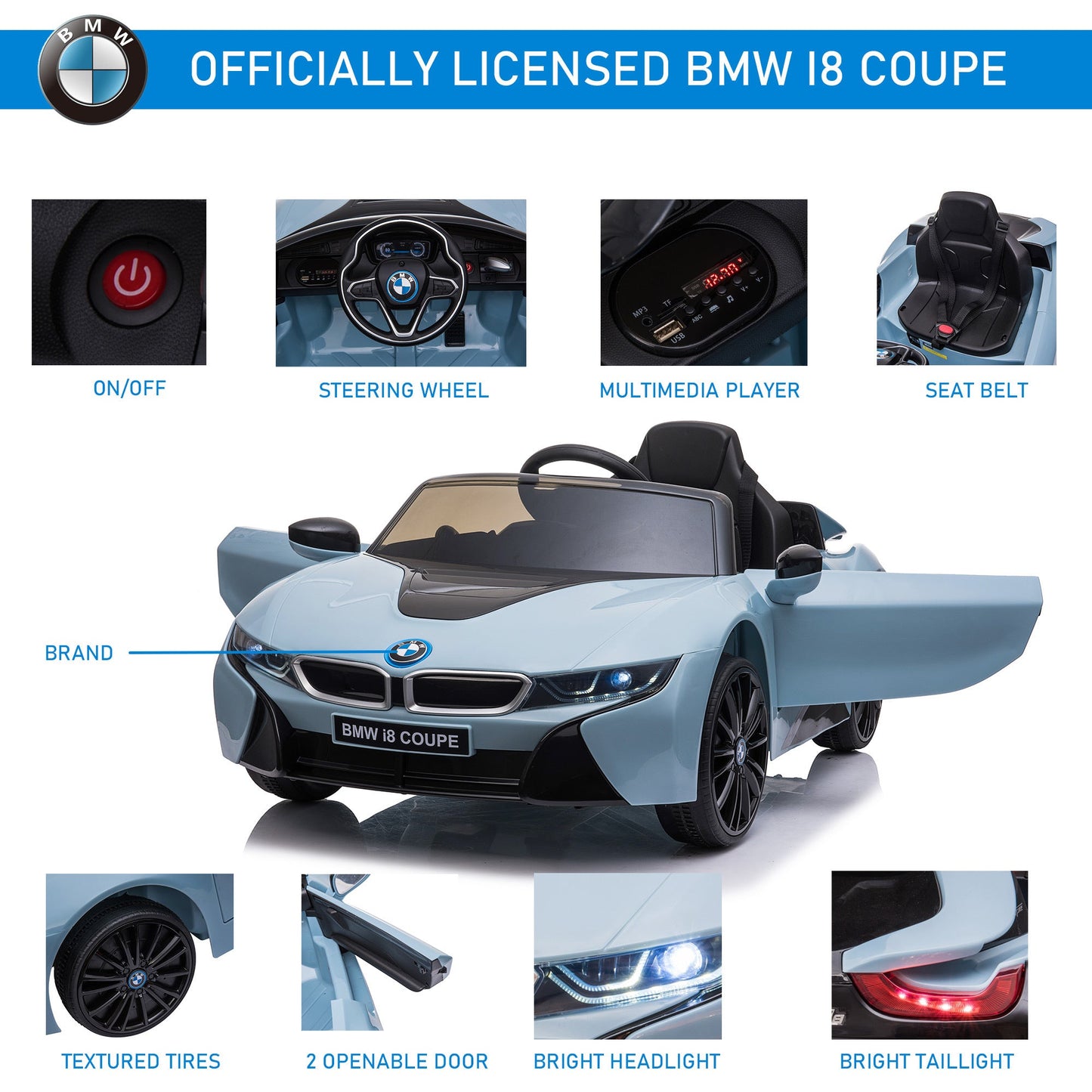 Licensed BMW I8 Coupe Kids Ride-On Car 6V w/ Remote Lights Horn Music