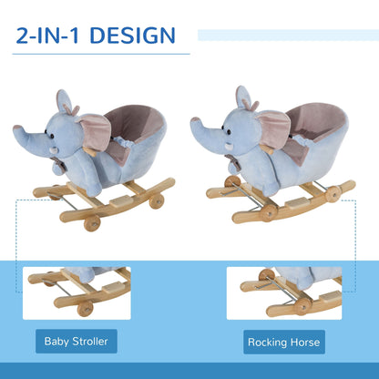 2-in-1 Baby Rocking Horse Ride On Elephant W/ Wheels Music, Blue